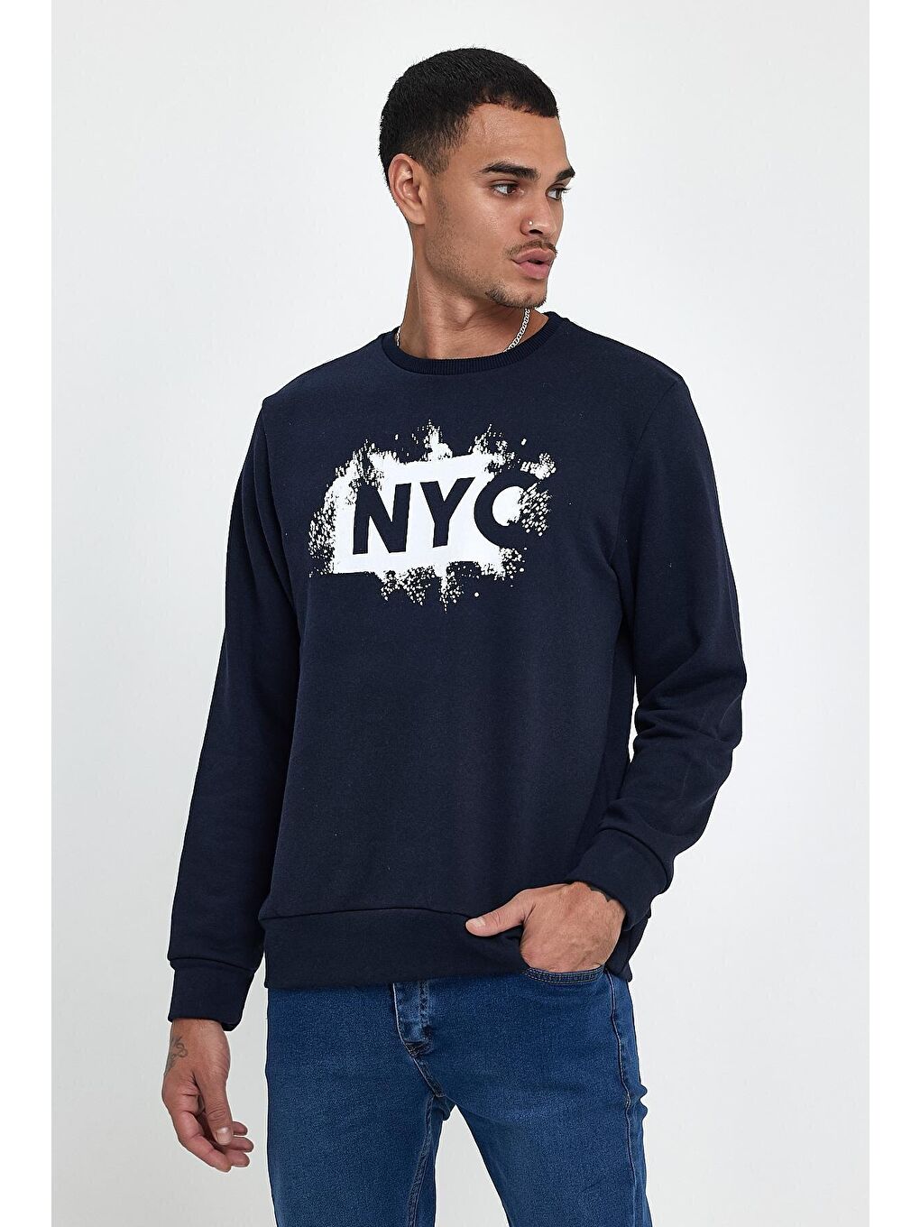 Lacivert Erkek Bisiklet Yaka Standart Kalıp 3 İplik Kalın NYC Baskılı Sweatshirt spr24sw24-3