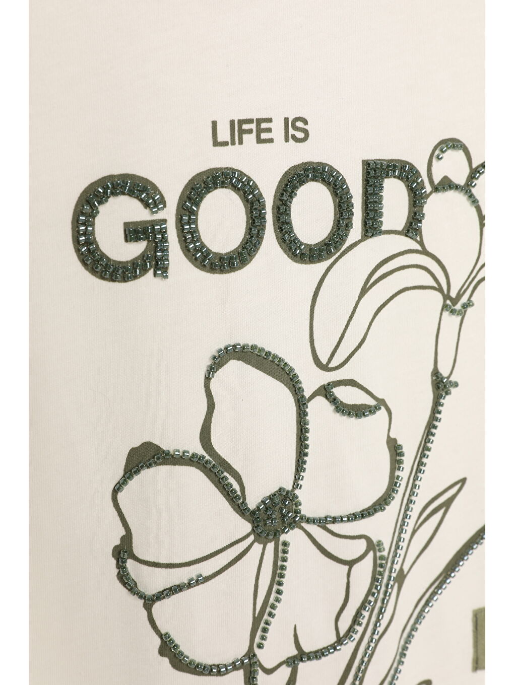 Nakış Çiçekli Etiket Detaylı Kısa Kol Tişört Ekru-2