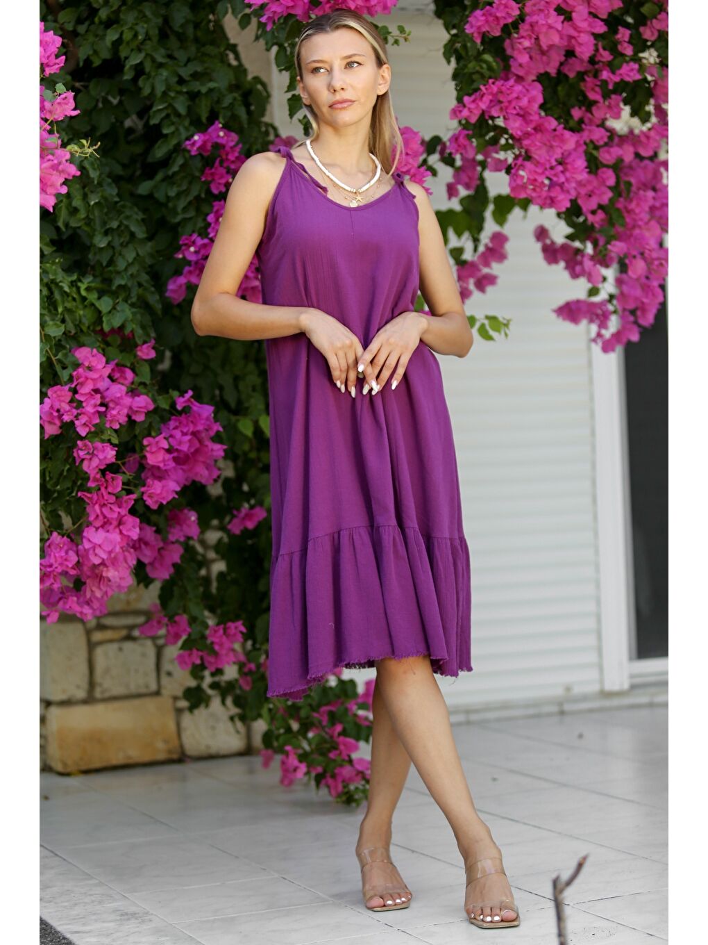 Mor Askılı Yıkamalı Etek Ucu Fırfırlı Dokuma Casual Pamuklu Elbise-2