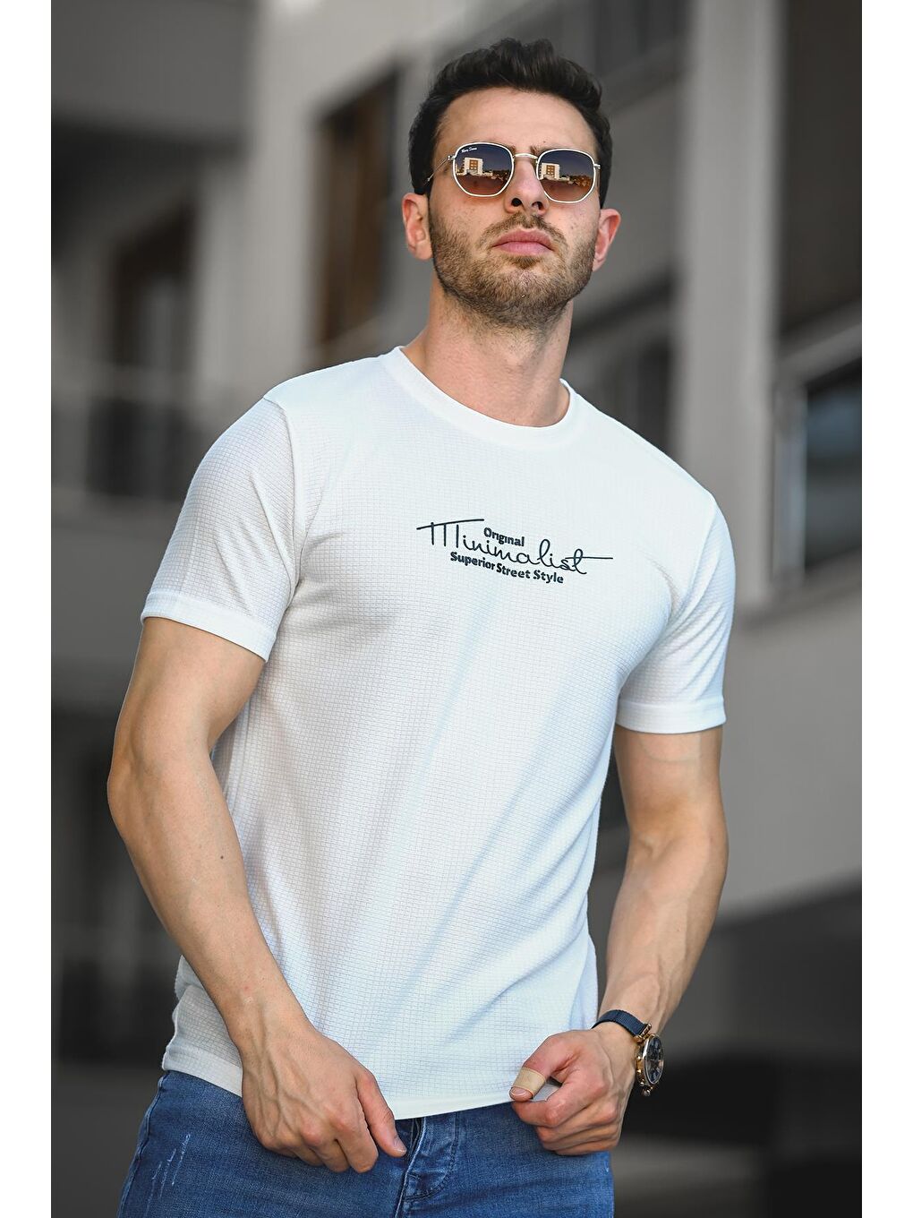 Oksit Beyaz Mizza Flok Baskılı Waffle Desen Slim Fit Likralı Erkek Tişört - 2
