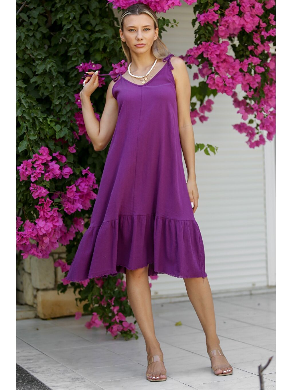 Mor Askılı Yıkamalı Etek Ucu Fırfırlı Dokuma Casual Pamuklu Elbise-3
