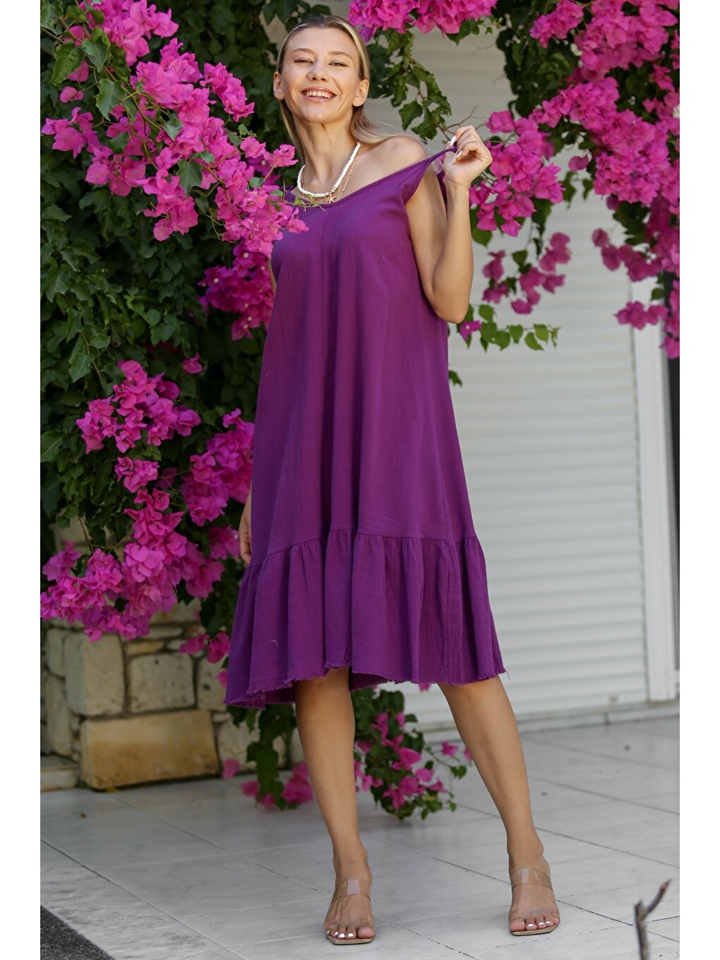 Mor Askılı Yıkamalı Etek Ucu Fırfırlı Dokuma Casual Pamuklu Elbise-4