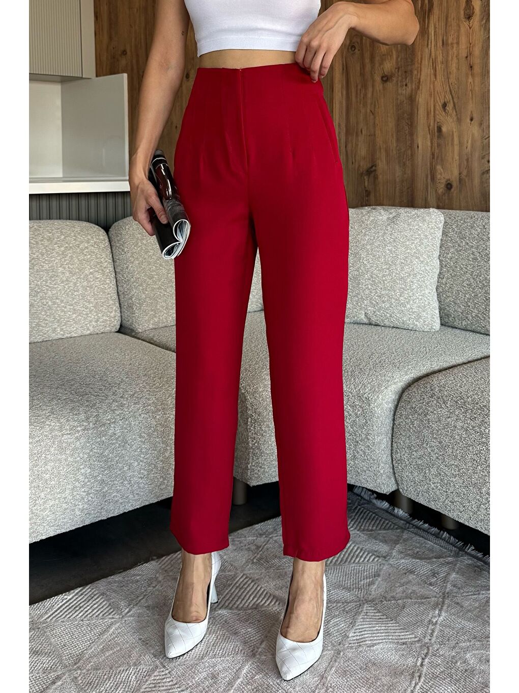 Bordo Bel Çimalı Kumaş Pantolon