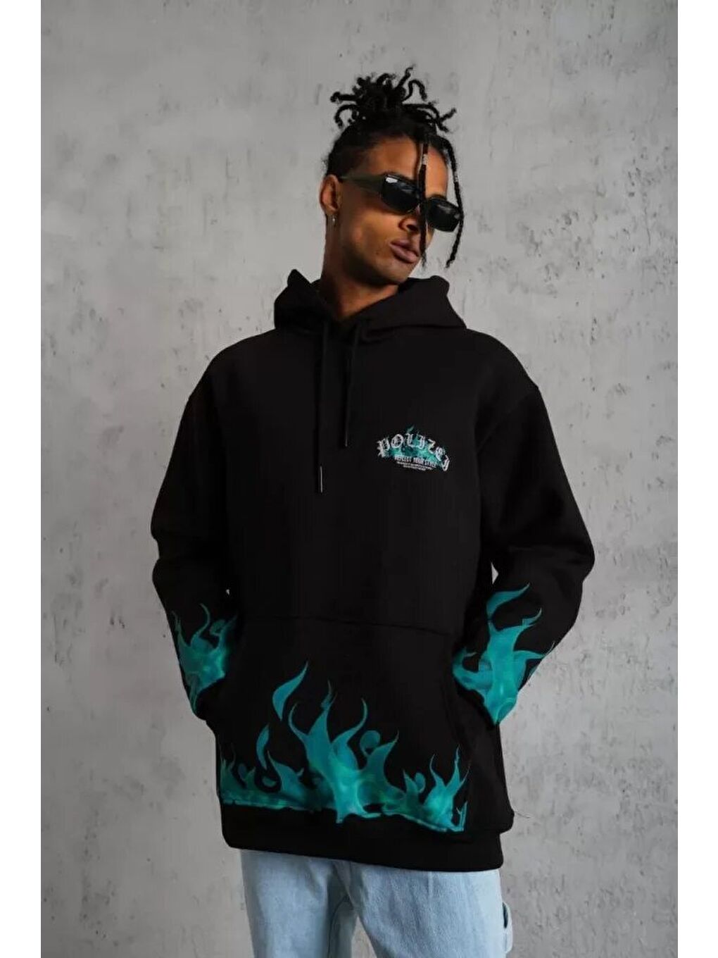 Erkek Üç İplik İçi Pamuklu Alev Baskılı Kapüşonlu Sweatshirt - Siyah-1