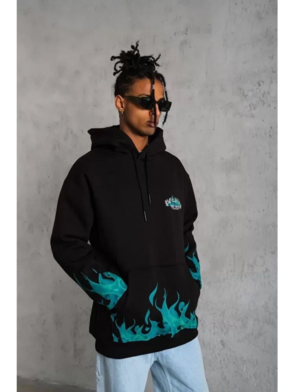 Erkek Üç İplik İçi Pamuklu Alev Baskılı Kapüşonlu Sweatshirt - Siyah-2