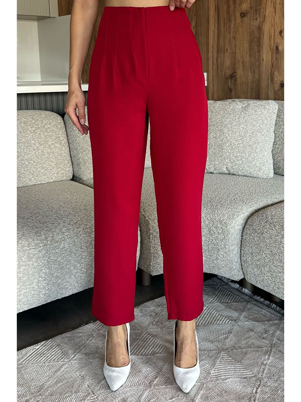 Bordo Bel Çimalı Kumaş Pantolon-1