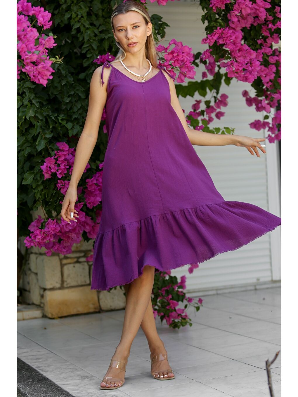 Mor Askılı Yıkamalı Etek Ucu Fırfırlı Dokuma Casual Pamuklu Elbise-6