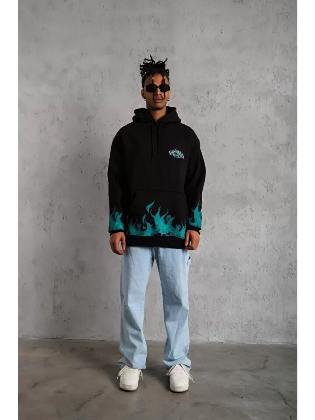 Erkek Üç İplik İçi Pamuklu Alev Baskılı Kapüşonlu Sweatshirt - Siyah-3