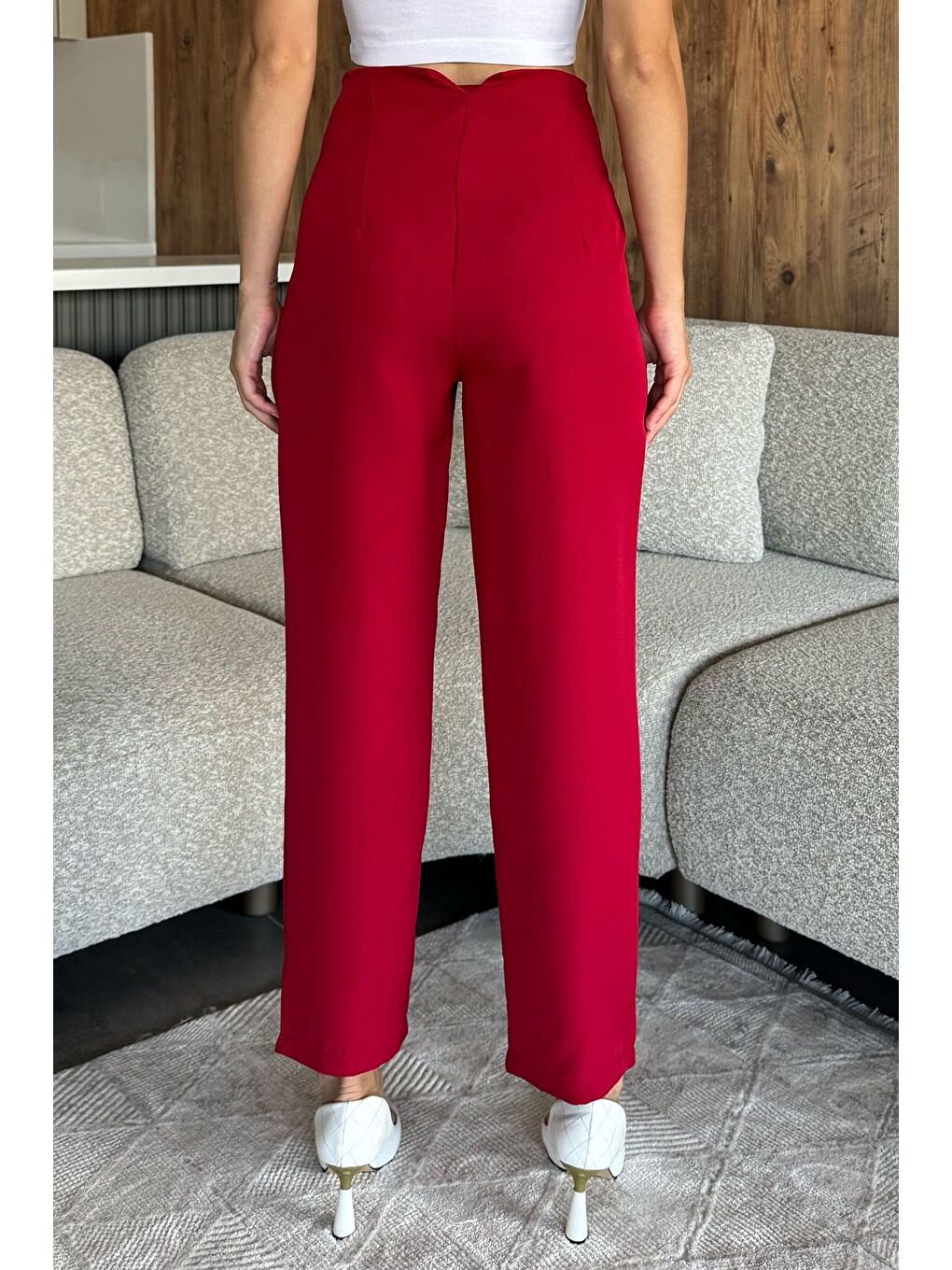 Bordo Bel Çimalı Kumaş Pantolon-2