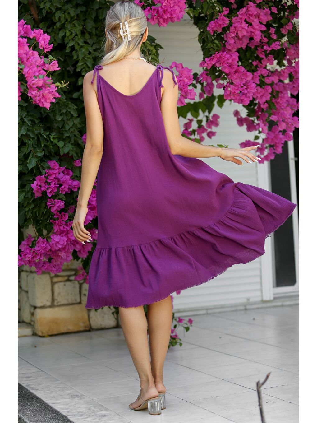 Mor Askılı Yıkamalı Etek Ucu Fırfırlı Dokuma Casual Pamuklu Elbise-7