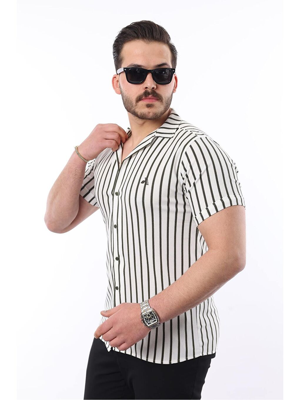 Haki Erkek Kısa Kollu Slim Fit Yazlık Çizgili Gömlek-2