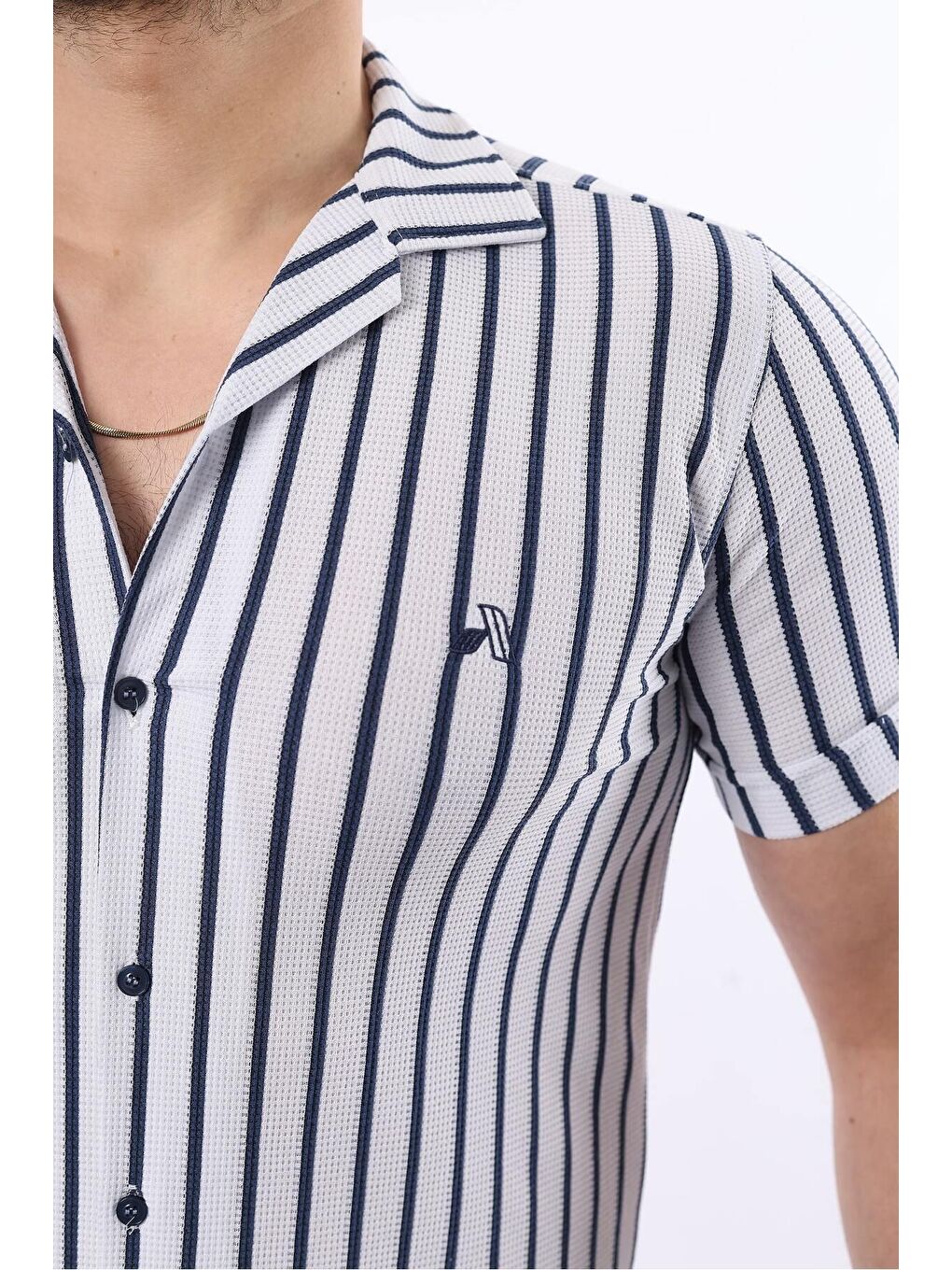 Lacivert Erkek Kısa Kollu Slim Fit Yazlık Çizgili Gömlek-1