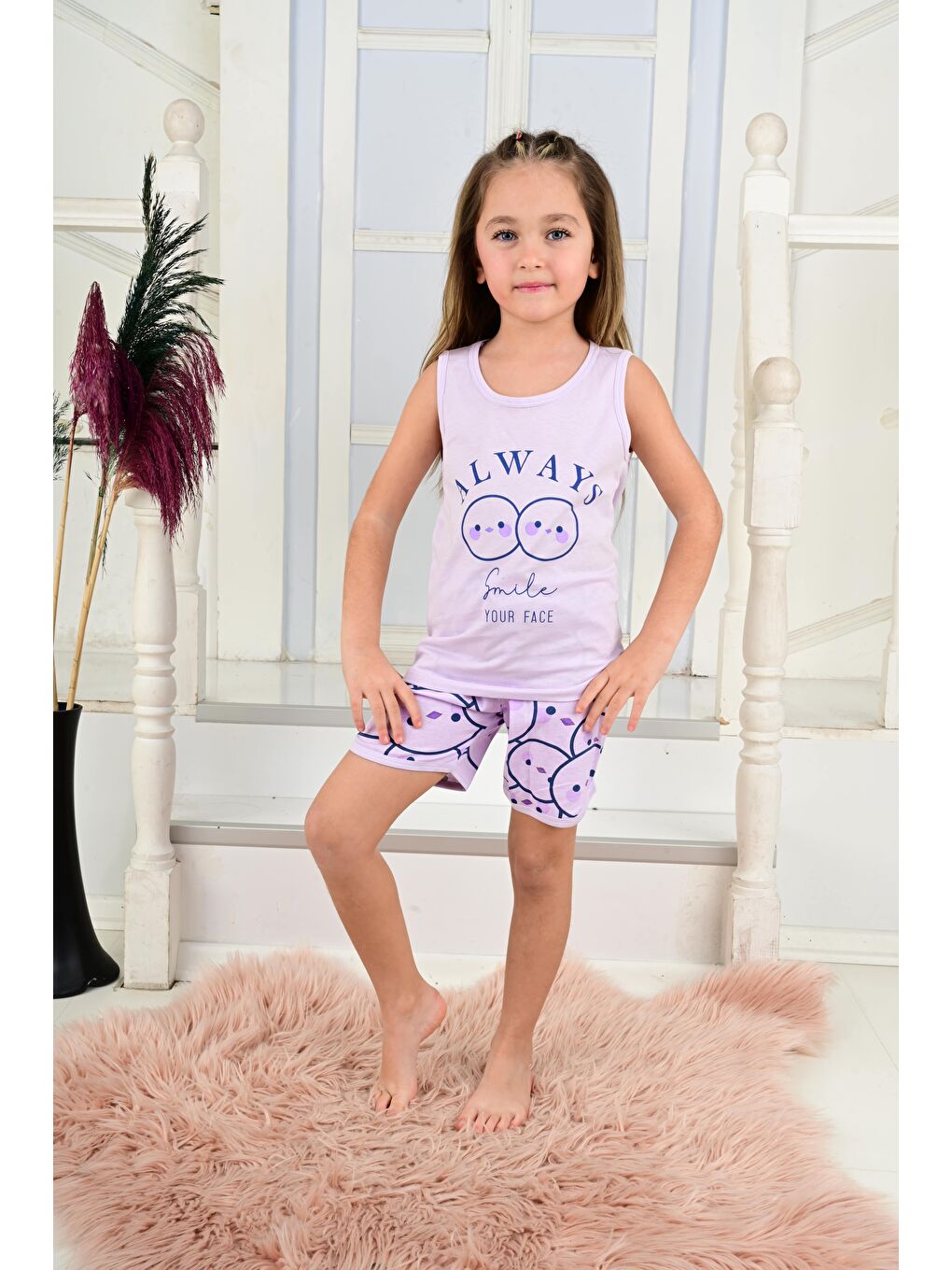 Lila Kız Çocuk Askılı Pijama Takımı Always Smile Somon-1