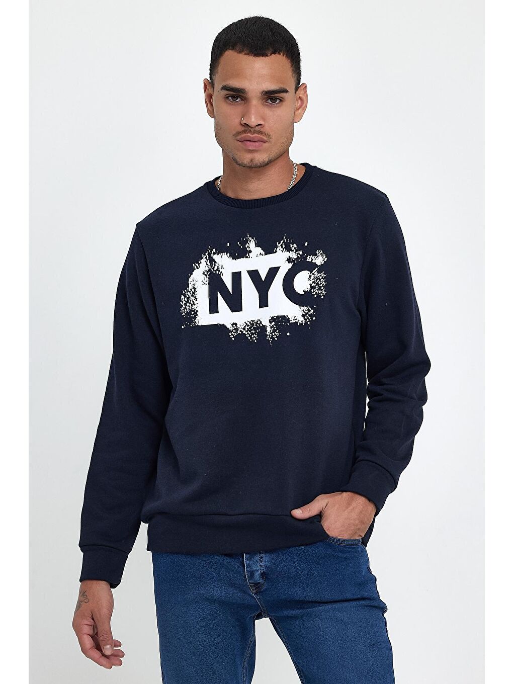 Lacivert Erkek Bisiklet Yaka Standart Kalıp 3 İplik Kalın NYC Baskılı Sweatshirt spr24sw24-4