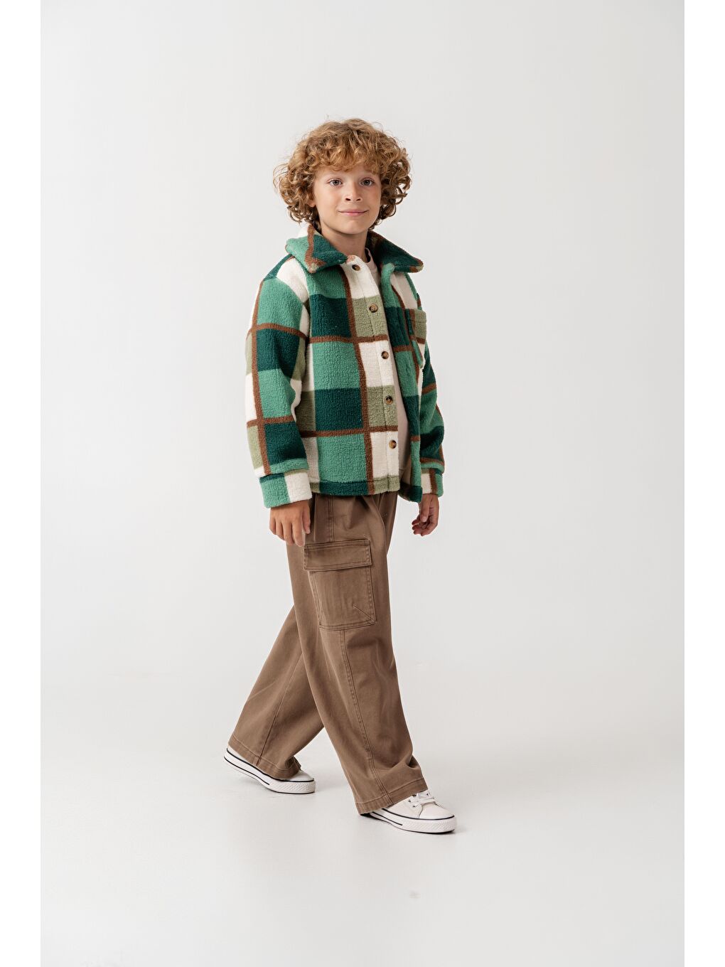 Erkek Çocuk Pamuklu Yeşil Kareli Desenli Polar Ceket – Cepli Düğmeli