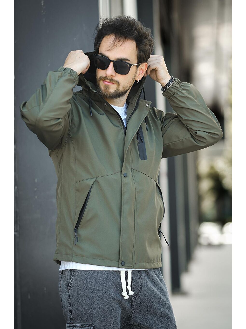 Haki Barky Suya Dayanaklı Fermuar Detaylı Astarlı Erkek Kapüşonlu Mevsimlik Yağmurluk