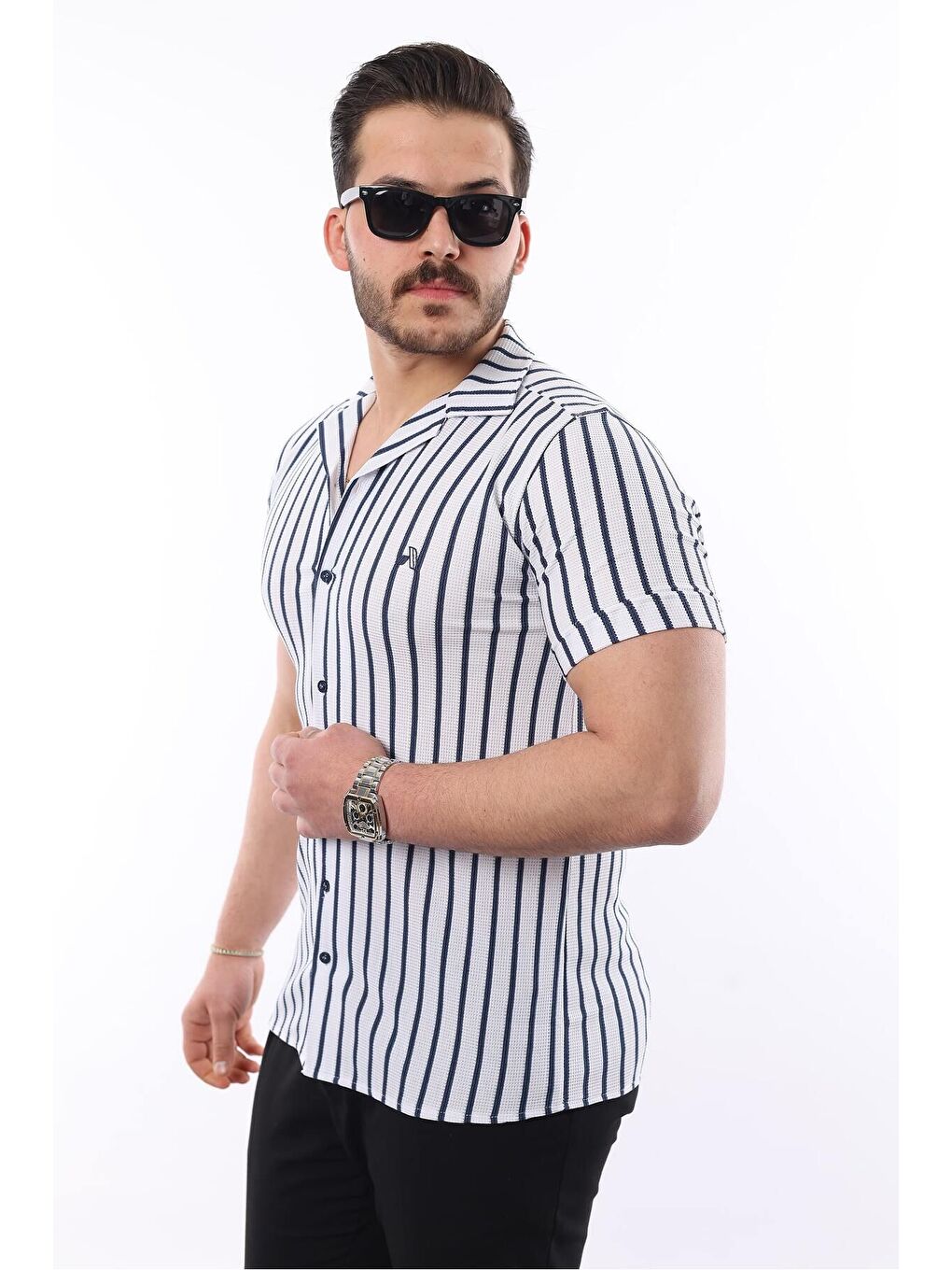 Lacivert Erkek Kısa Kollu Slim Fit Yazlık Çizgili Gömlek-2