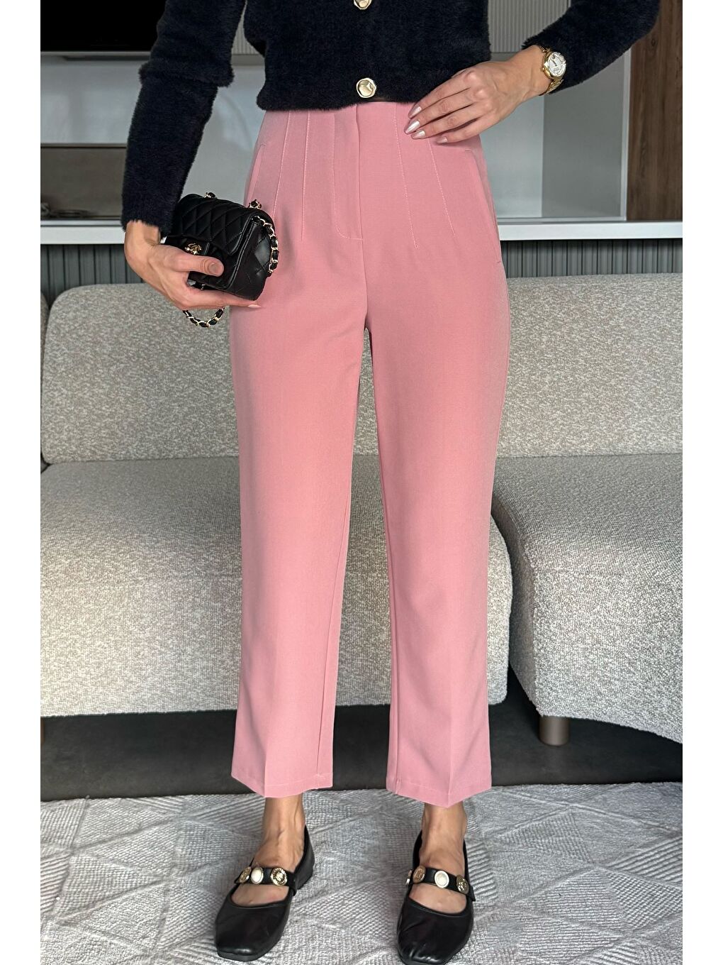 Pembe Bel Çimalı Kumaş Pantolon