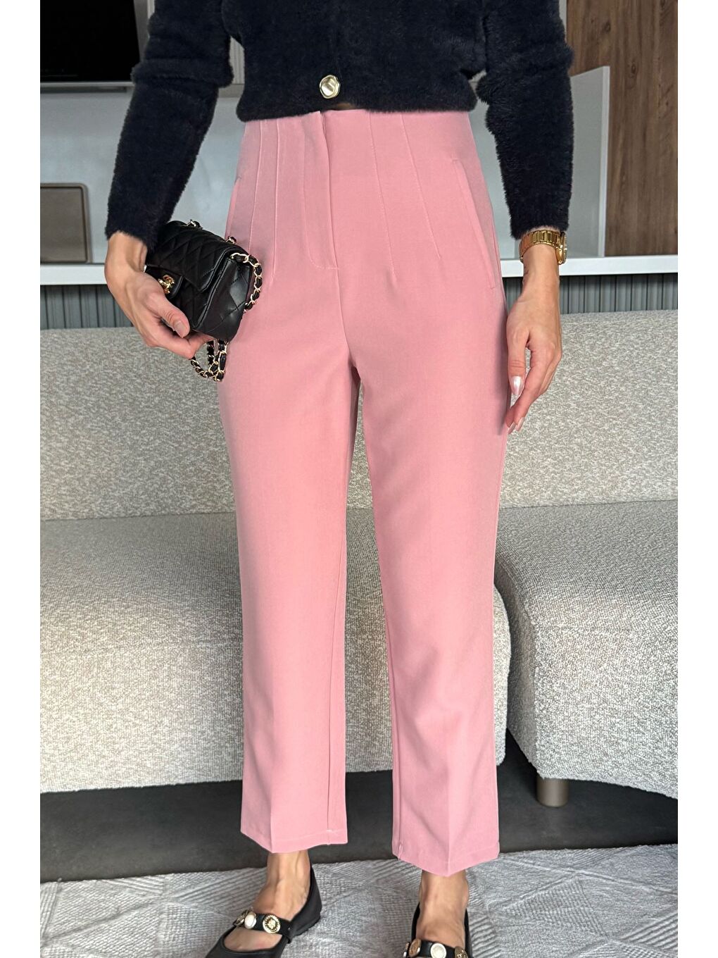 Pembe Bel Çimalı Kumaş Pantolon-1