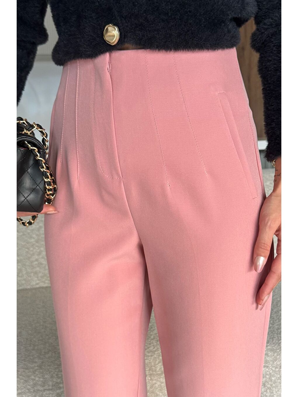 Pembe Bel Çimalı Kumaş Pantolon-2