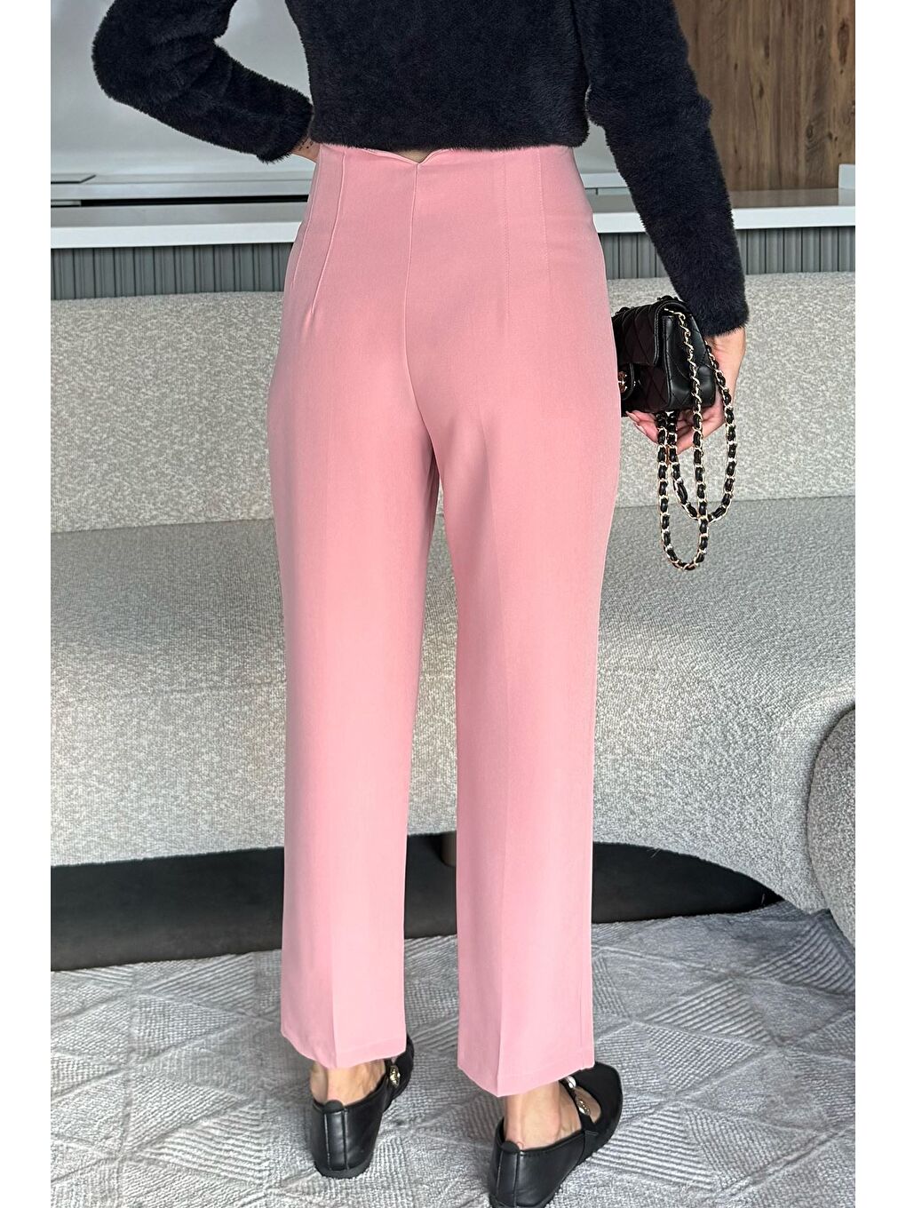 Pembe Bel Çimalı Kumaş Pantolon-3