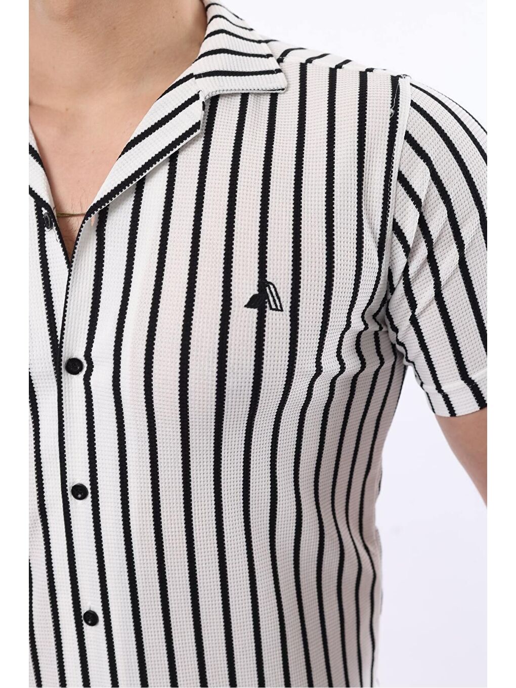 Siyah Erkek Kısa Kollu Slim Fit Yazlık Çizgili Gömlek-1