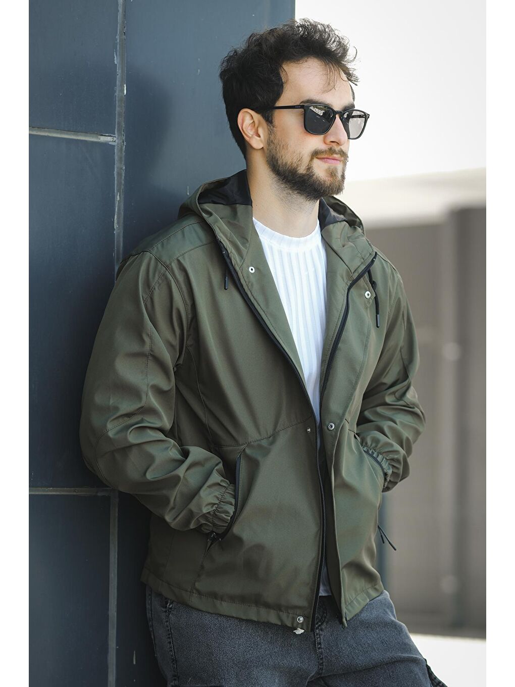 Haki Barky Suya Dayanaklı Fermuar Detaylı Astarlı Erkek Kapüşonlu Mevsimlik Yağmurluk-1