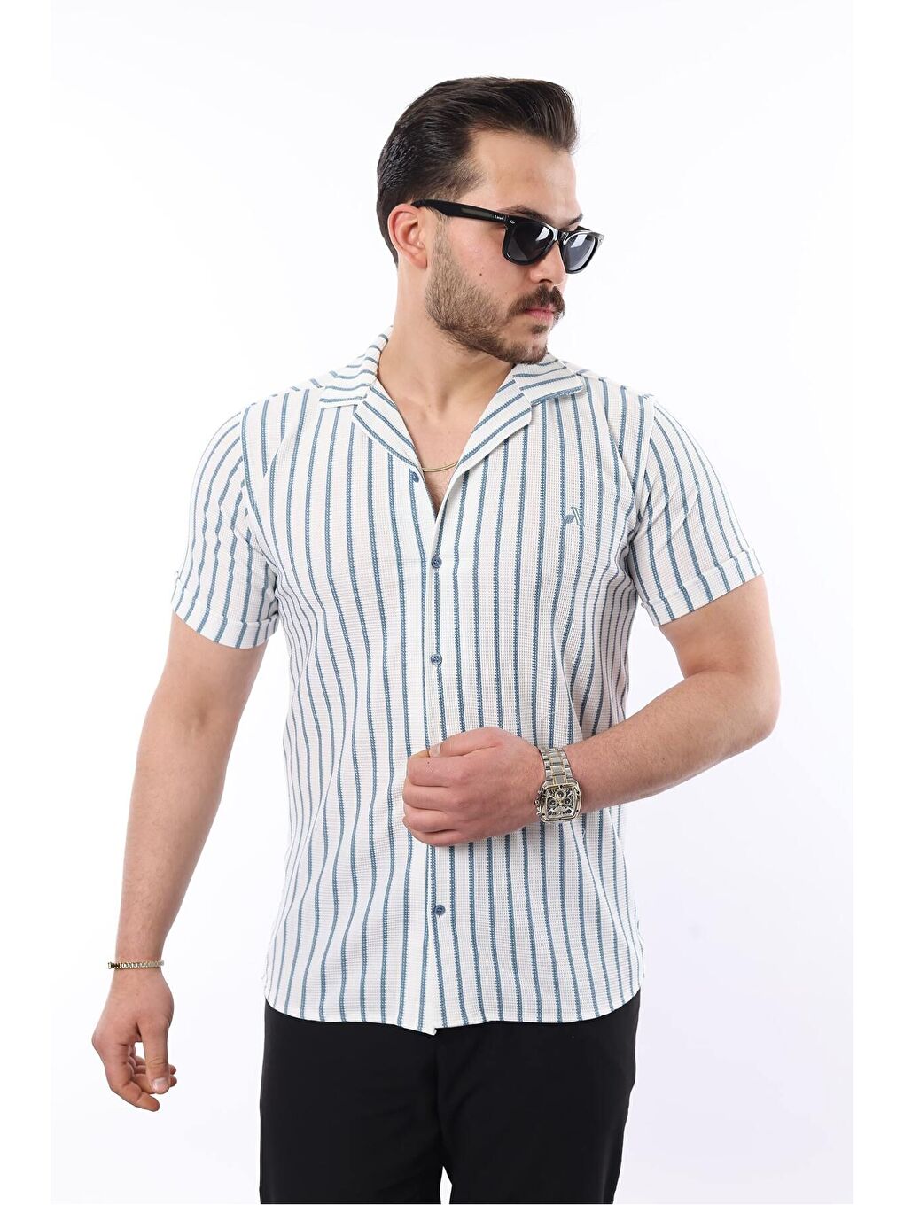 Lacivert Erkek Kısa Kollu Slim Fit Yazlık Çizgili Gömlek-3
