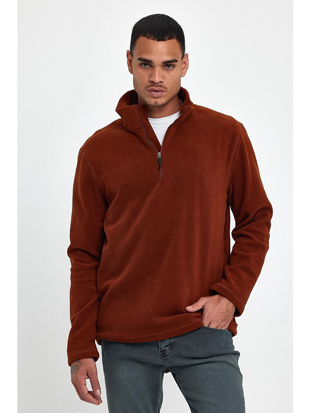 Kahverengi Erkek Rahat Kalıp Softech Polar Yarım Fermuarlı Sweatshırt spr24pw20-1