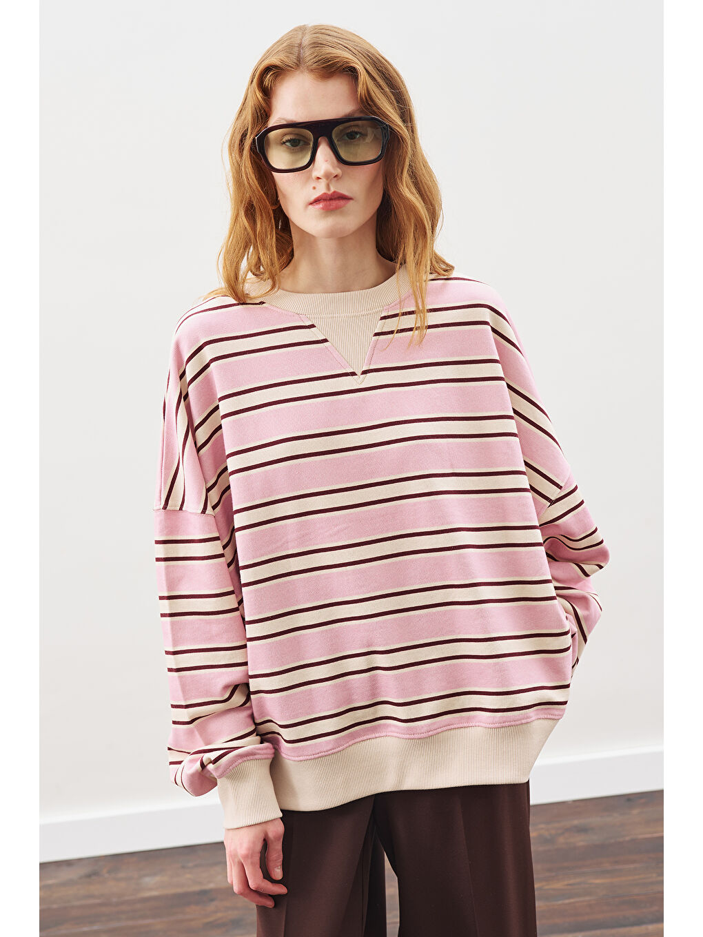 Oversıze Çizgili Sweatshırt Bordo-1