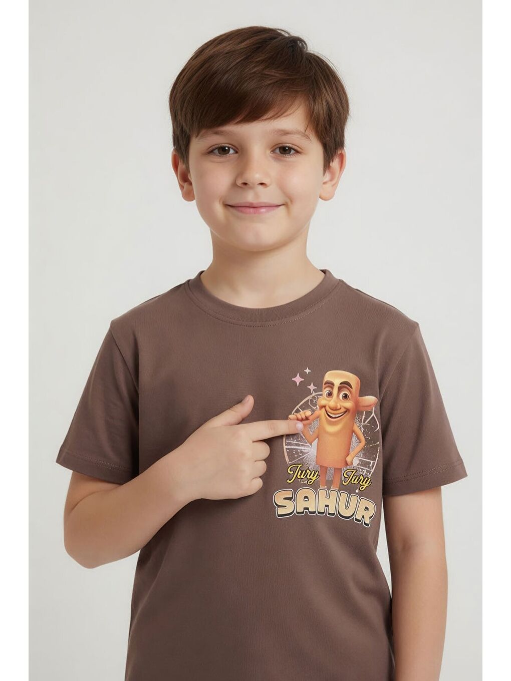 Kahverengi Erkek Çocuk Bisiklet Yaka Tişörtlü Şortlu 2li Baskılı Takım 24000-1