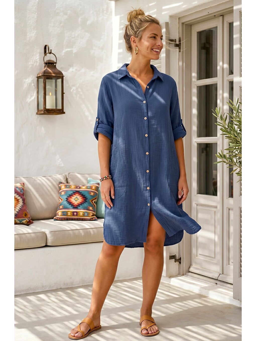 Lacivert Gömlek Yaka 3/4 Kol Düğmeli Cepli Casual Müslin Oversize Dokuma Elbise 97 65