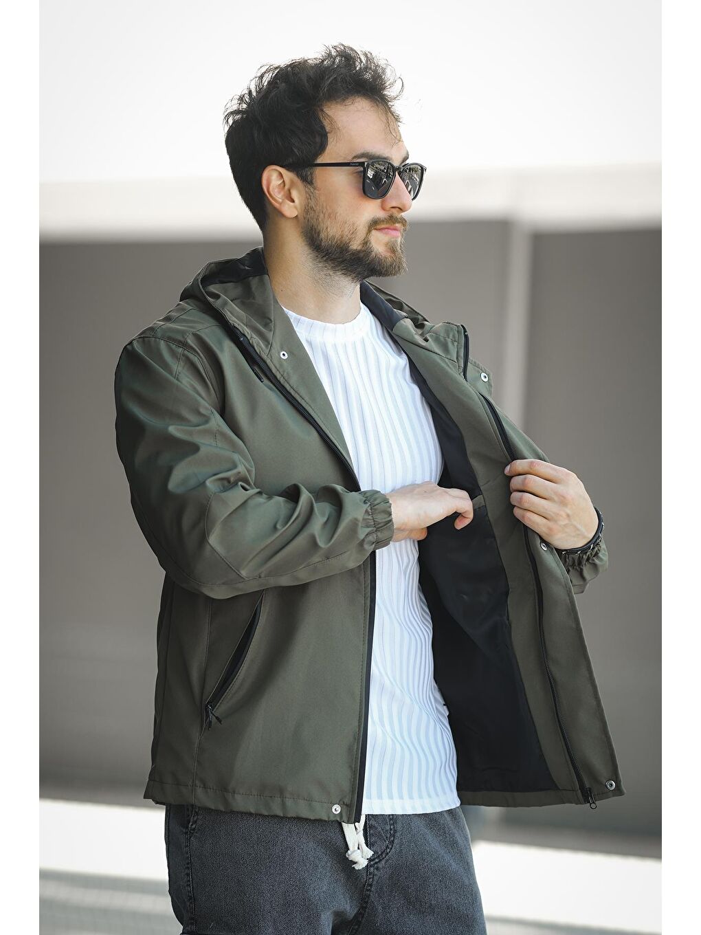 Haki Barky Suya Dayanaklı Fermuar Detaylı Astarlı Erkek Kapüşonlu Mevsimlik Yağmurluk-2