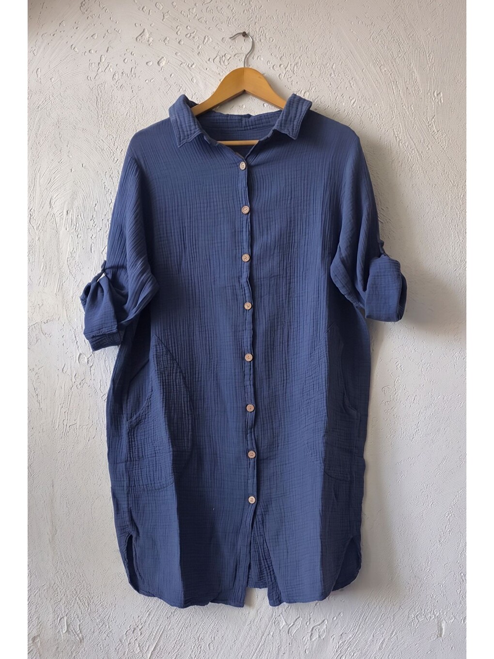 Lacivert Gömlek Yaka 3/4 Kol Düğmeli Cepli Casual Müslin Oversize Dokuma Elbise 97 65-1