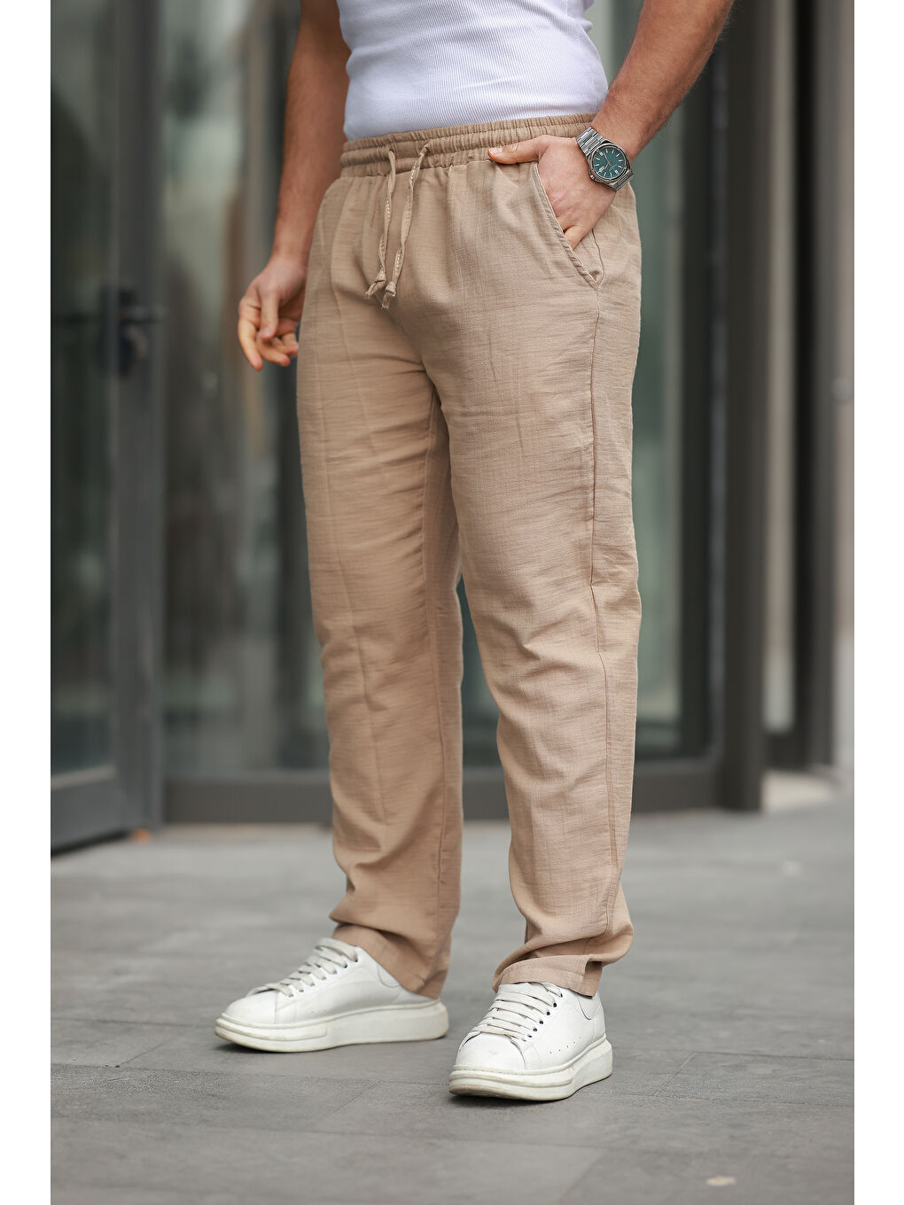 Kahverengi Trend Beli Lastikli Bol Paça Baggy Erkek Pantolon-1