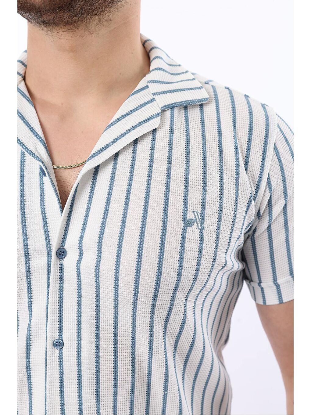 Lacivert Erkek Kısa Kollu Slim Fit Yazlık Çizgili Gömlek-4