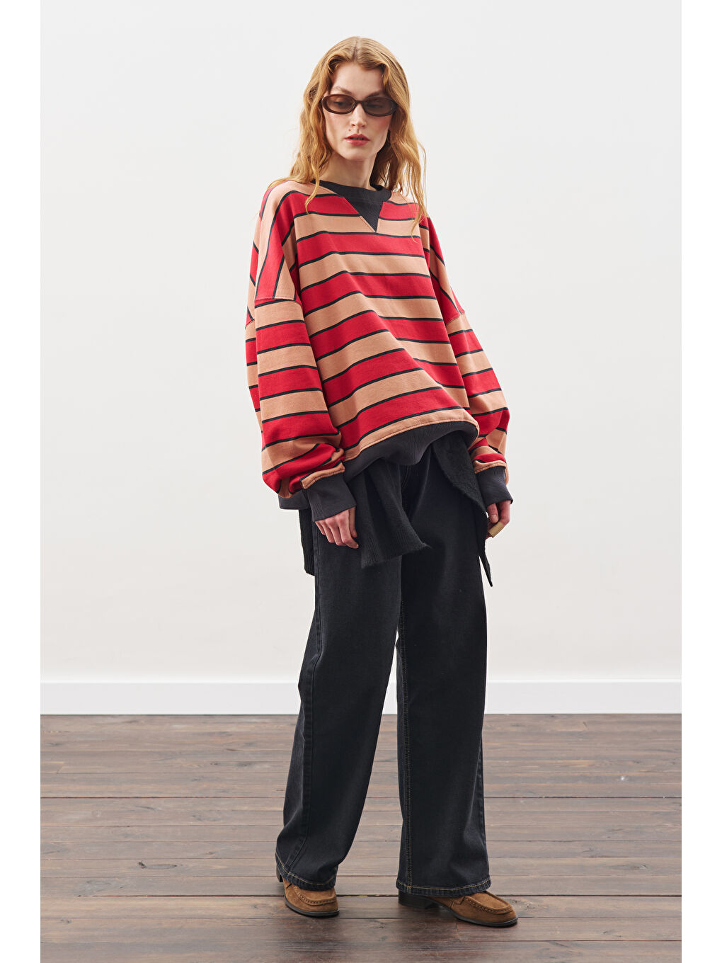 Oversıze Çizgili Sweatshırt Kırmızı-1