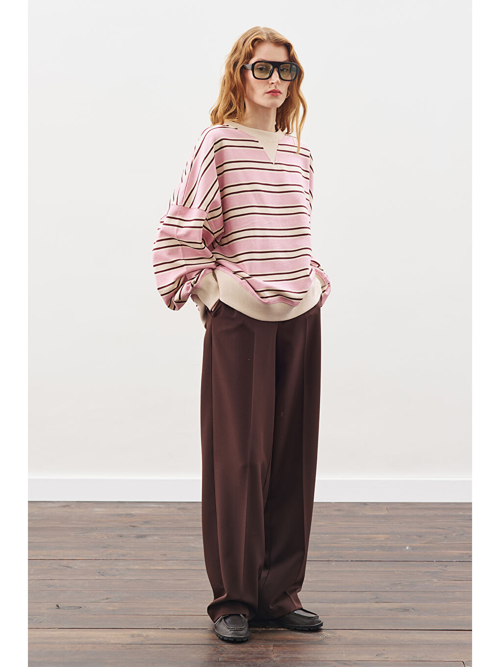 Oversıze Çizgili Sweatshırt Bordo-2