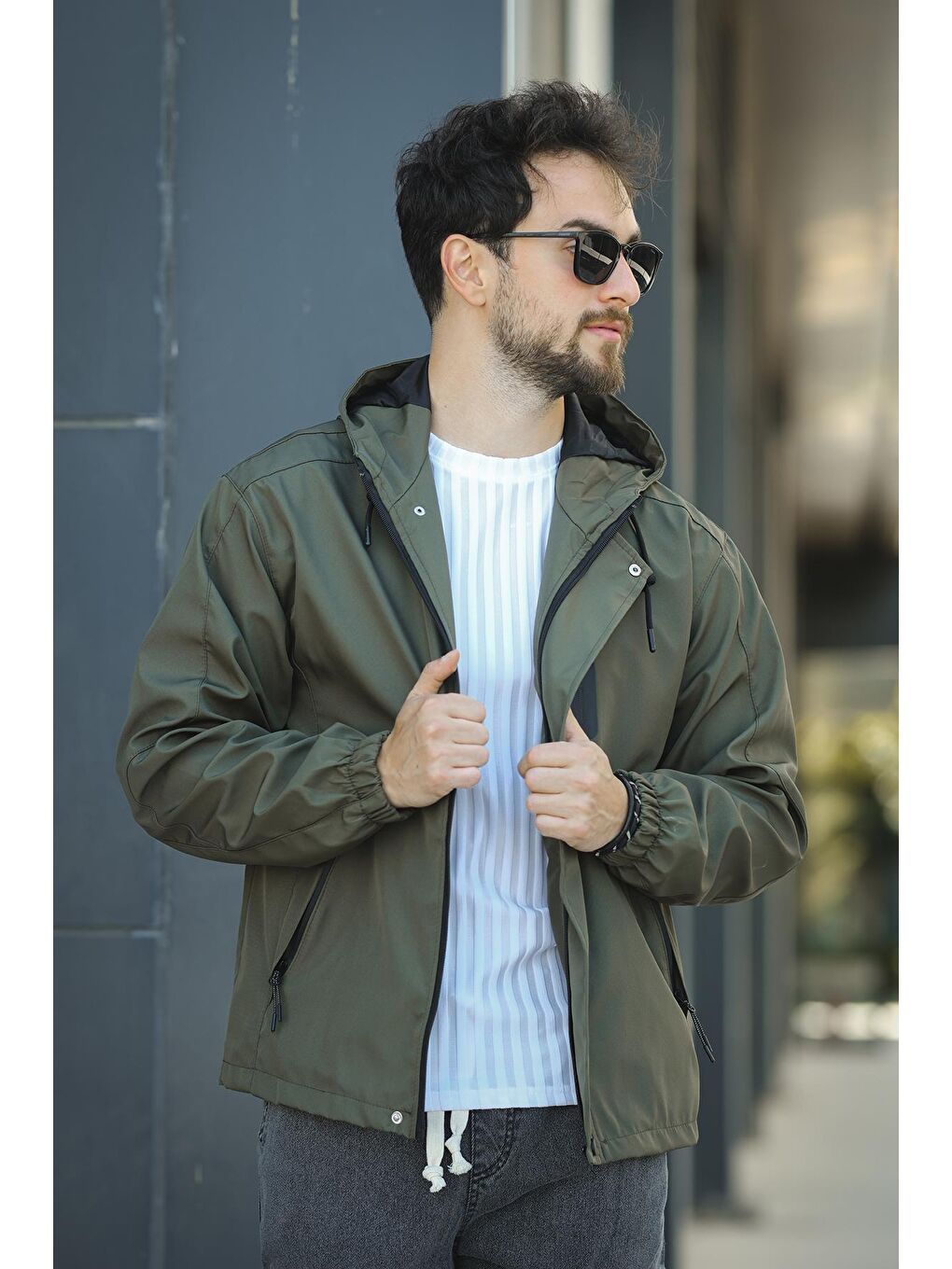 Haki Barky Suya Dayanaklı Fermuar Detaylı Astarlı Erkek Kapüşonlu Mevsimlik Yağmurluk-3