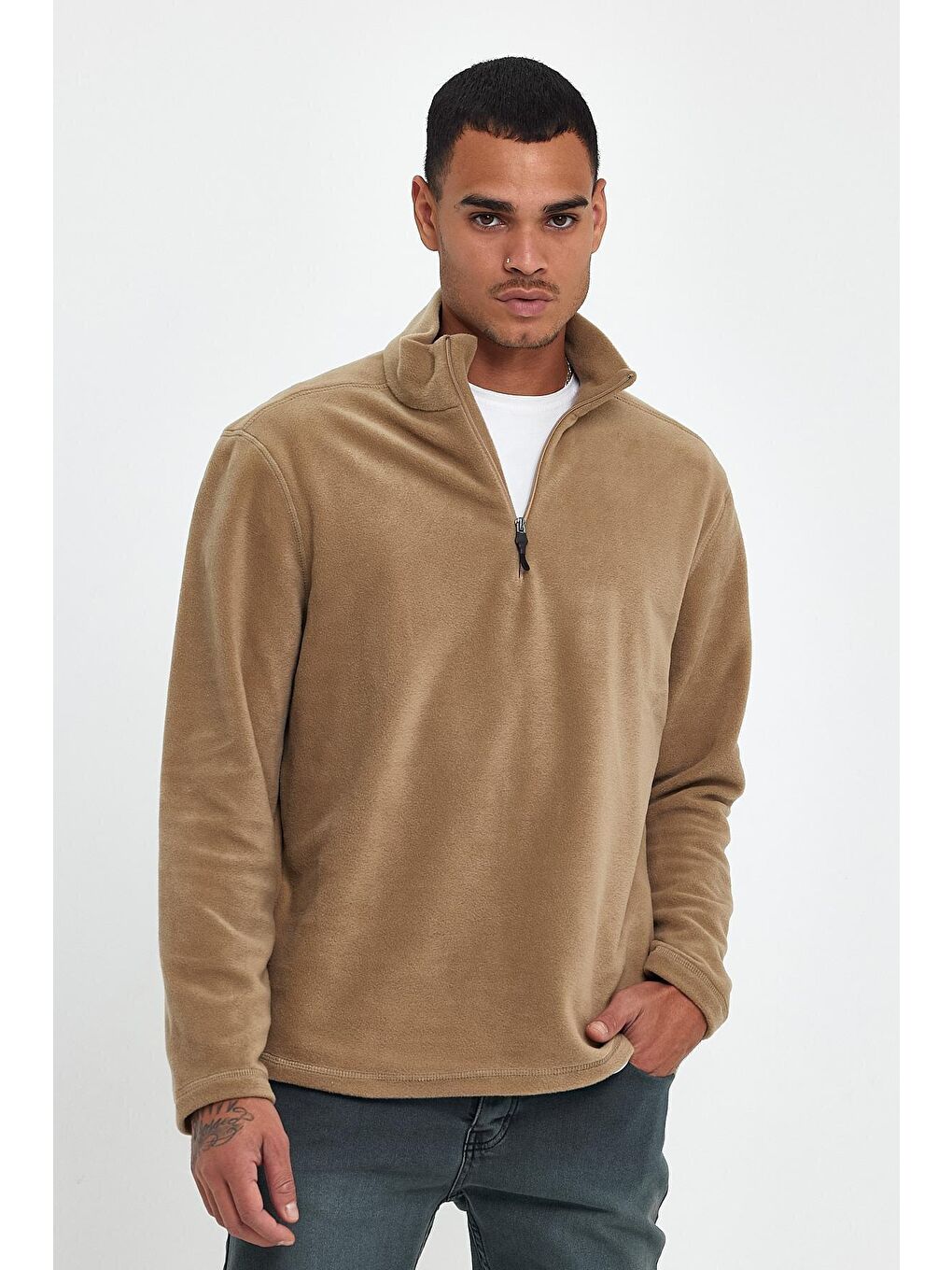 Bej Erkek Rahat Kalıp Softech Polar Yarım Fermuarlı Sweatshırt spr24pw20-1