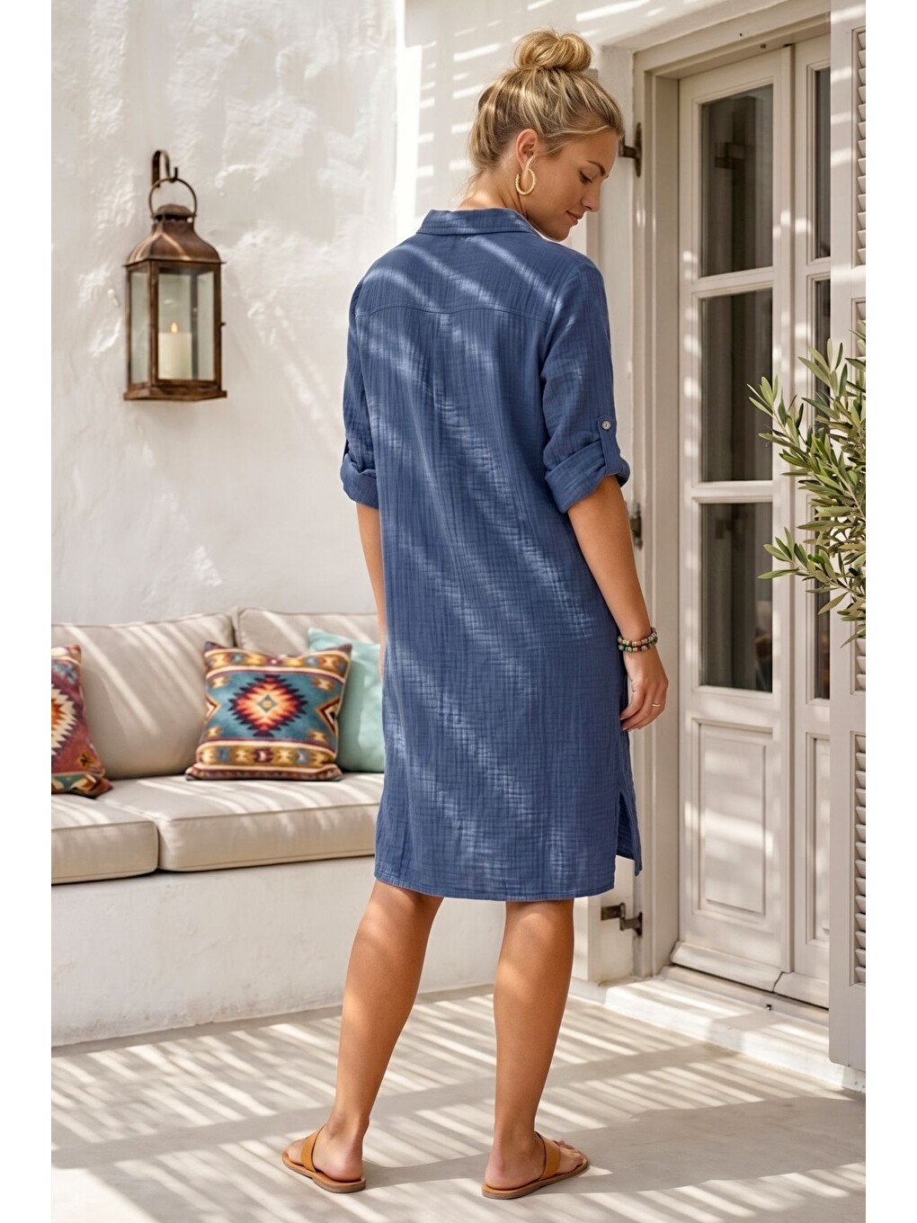 Lacivert Gömlek Yaka 3/4 Kol Düğmeli Cepli Casual Müslin Oversize Dokuma Elbise 97 65-5