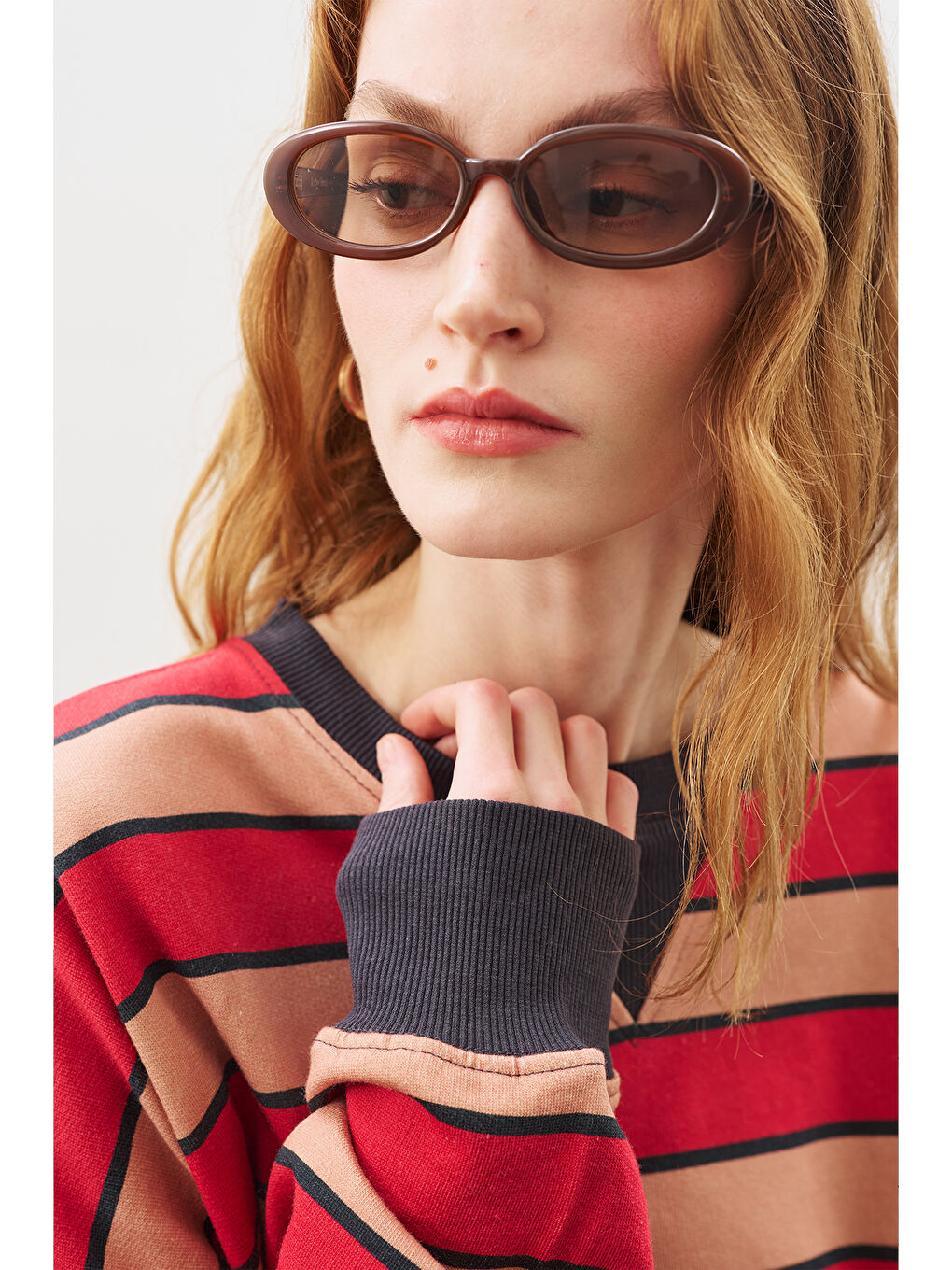 Oversıze Çizgili Sweatshırt Kırmızı-2