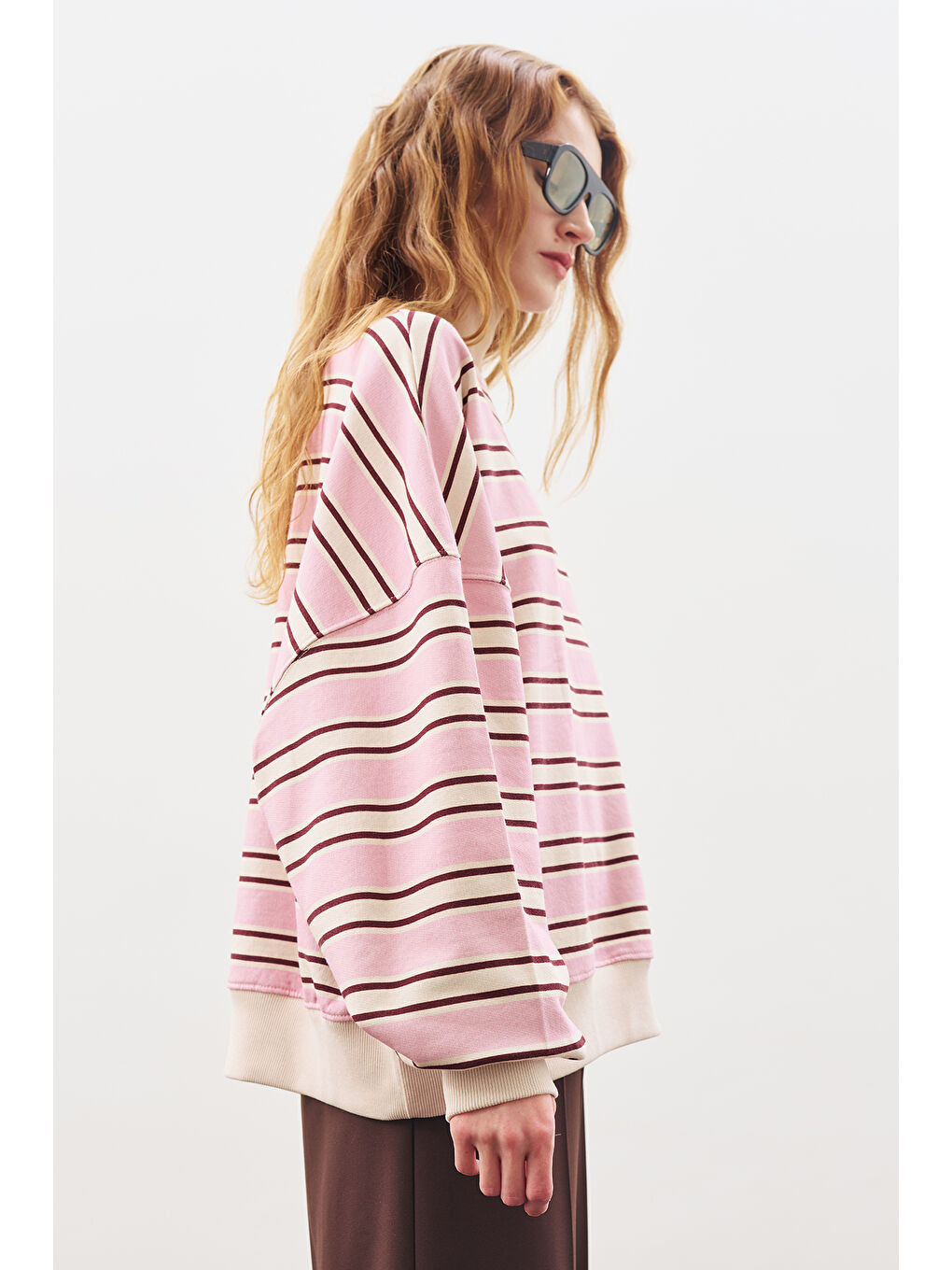 Oversıze Çizgili Sweatshırt Bordo-3