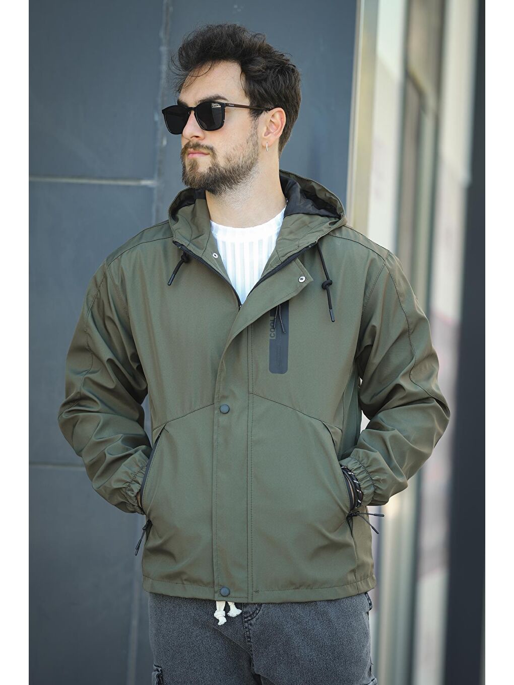 Haki Barky Suya Dayanaklı Fermuar Detaylı Astarlı Erkek Kapüşonlu Mevsimlik Yağmurluk-4