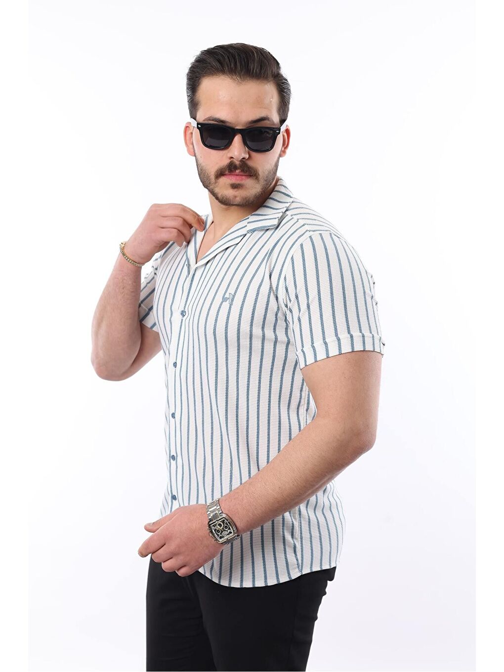Lacivert Erkek Kısa Kollu Slim Fit Yazlık Çizgili Gömlek-5