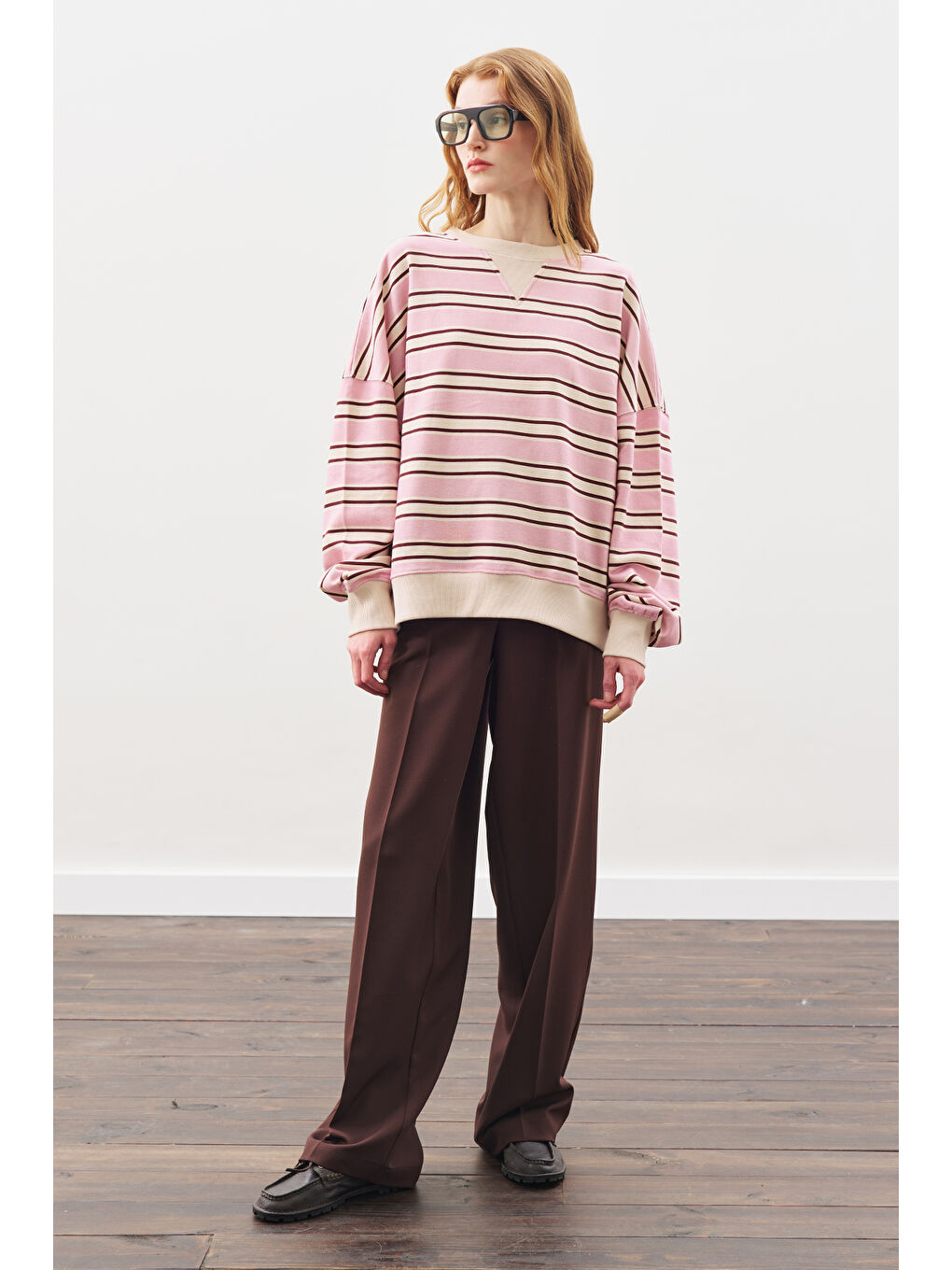Oversıze Çizgili Sweatshırt Bordo-4