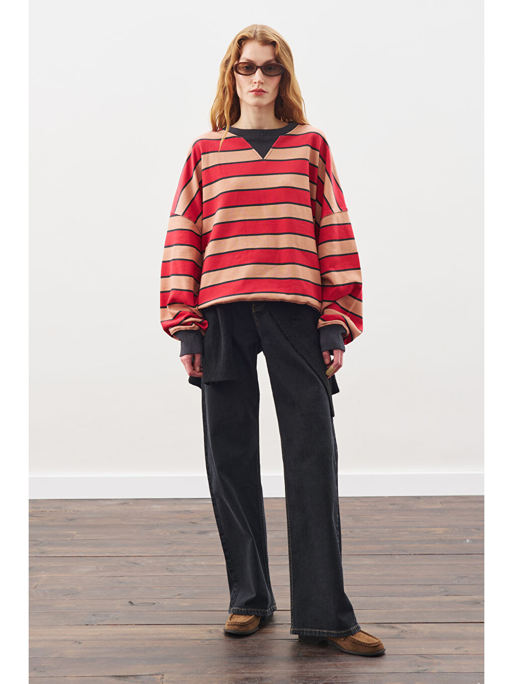 Oversıze Çizgili Sweatshırt Kırmızı-3