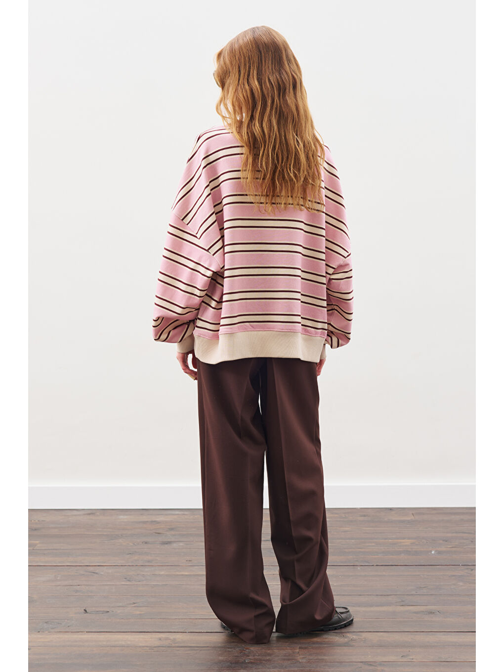 Oversıze Çizgili Sweatshırt Bordo-5