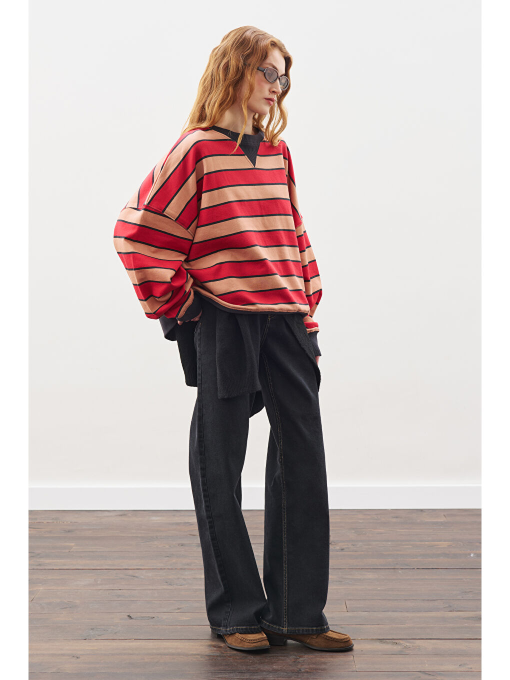 Oversıze Çizgili Sweatshırt Kırmızı-4