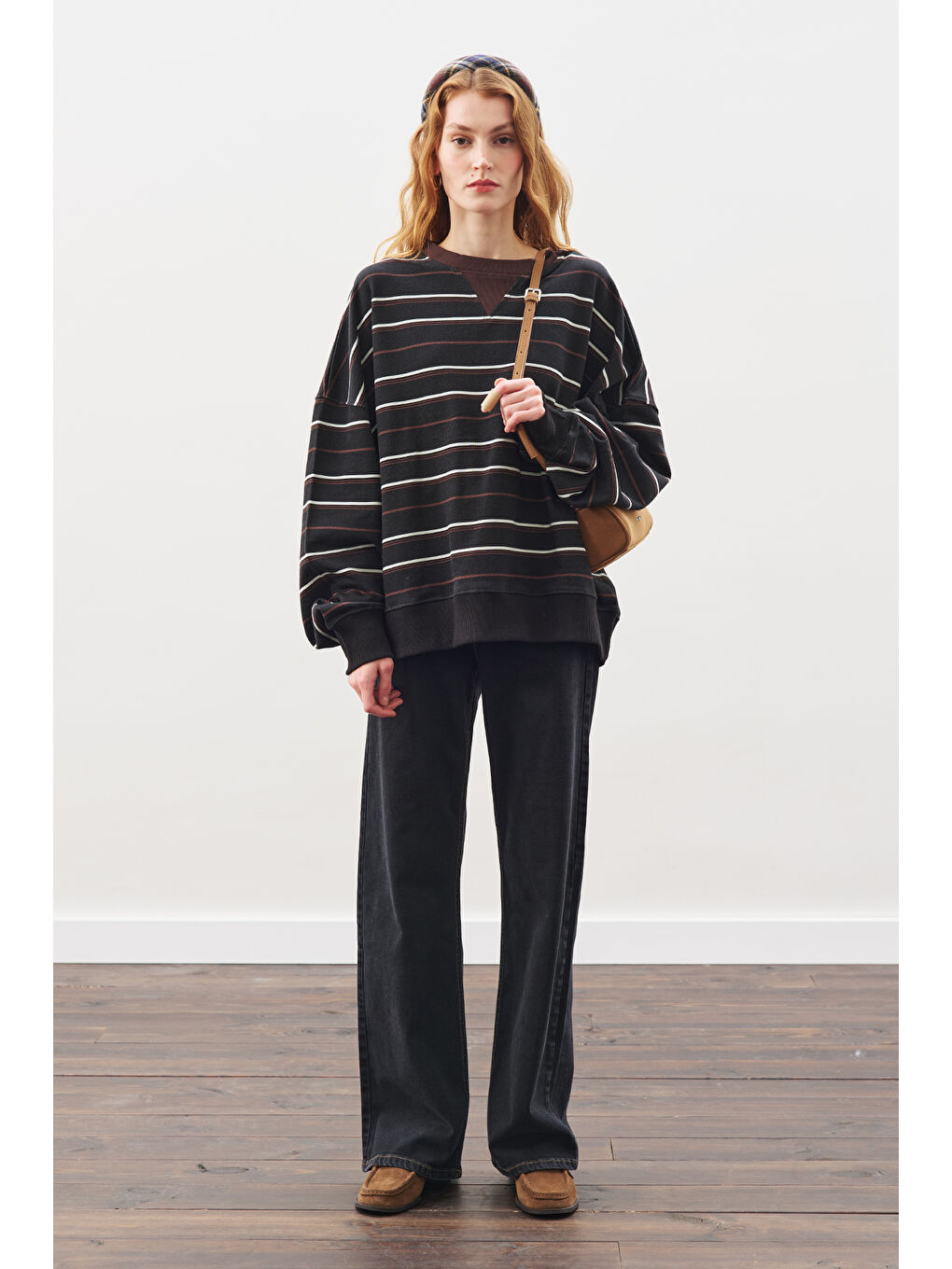 Oversıze Çizgili Sweatshırt Siyah-5